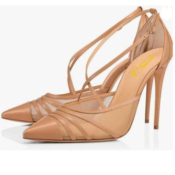FSJ Nude Pointed Cap Toe Crisscross Strap Pencil Heel D'Orsay Mesh Sandals - Picture 1 of 8